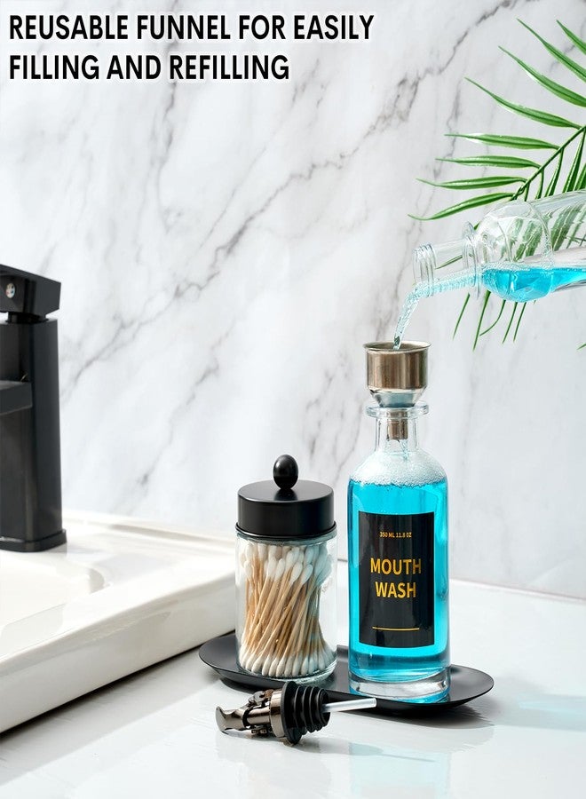 MUVEKA Glass Mouthwash Dispenser Bottle for Bathroom, 11.8oz Mouthwash Decanter with Auto Spout, Stianless Steel Tray, Refillable Cups, Silicone Strips, Reusable Funnel, Golden Stickers, Qtip Holder - Image 4